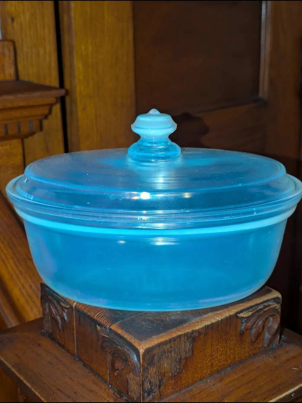 Rare Antique 1920's Fry Opalescent Glass Ovenware Casserole Bowl w Lid Glows UV